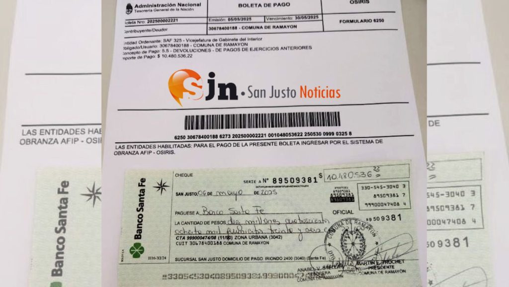 LA COMUNA DE RAMAYÓN PAGÓ UNA DEUDA DE 10 MILLONES DE PESOS AL MINISTERIO DEL INTERIOR DE LA NACIÓN